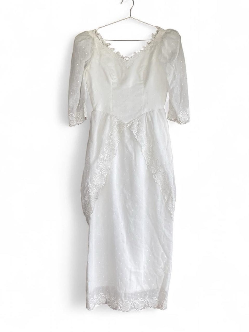 Vintage 80s White Swiss Dot Bow Bustle Wedding Dress Bridal Gown - S/M